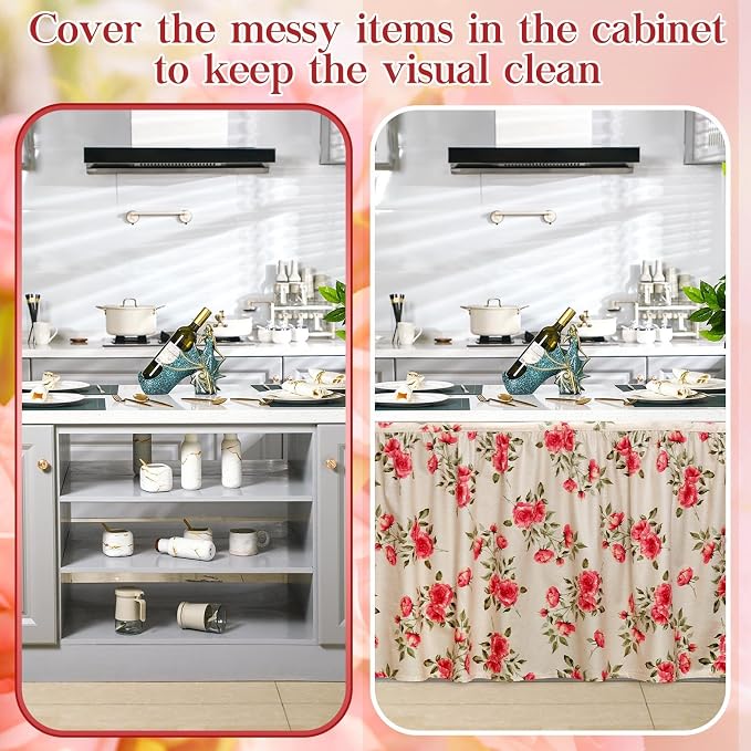 VitalCozy Cabinet Curtains 28" W x 51" L Sink Skirt for Bathroom Kitchen Vintage Rose Floral Cabinet Curtains for Classroom Home Farmhouse Rustic Drape Under Desk Privacy Drape for Laundry Room