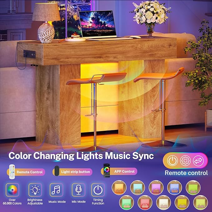 47.2" Entryway Table, Console Table with Charging Station and Adjustable LED light, Farmhouse Wood Sofa Table, Behind the Couch Table, Narrow Console Table, Entry Table for Hallway, Living Room