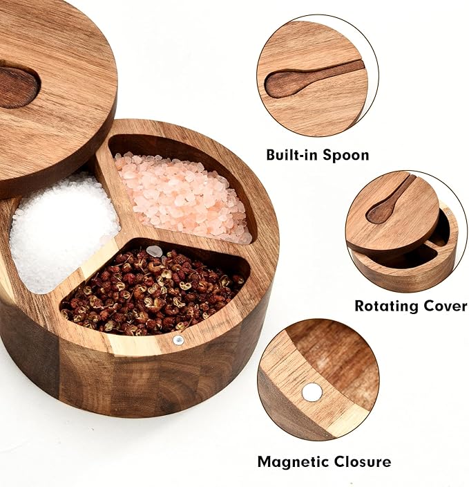 Wood Salt and Pepper Box, 3 Compartment Salt and Pepper Cellar With Lid and Spoon,Spice Condiment Container for Kitchen Countertop