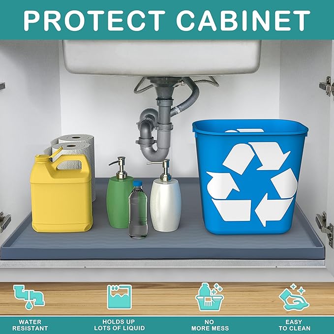 URMONA Waterproof Silicone Under Sink Mat 28'' x 22'' Shelf Liner for Kitchen and Bathroom, Cabinet and Counter Protector, Storage and Organizers, Litter Mat, Pet Cat Puppy Essentials(Brown)