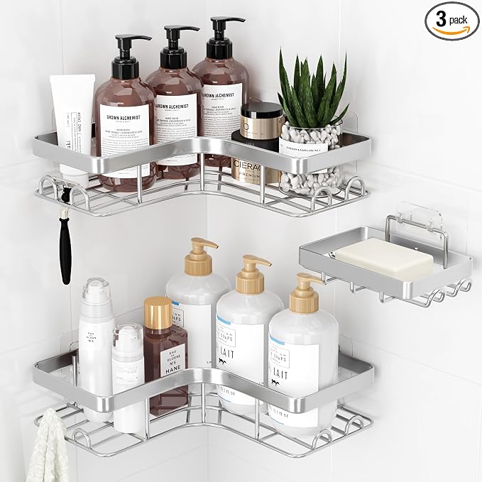 Sakugi Corner Shower Caddy - 3-Pack Shower Organizer with Soap Holder & Built-In Hooks, Rustproof Metal Shower Shelves, Laundry, Kitchen, Bathroom Organizers and Storage Solution, Large, Silver