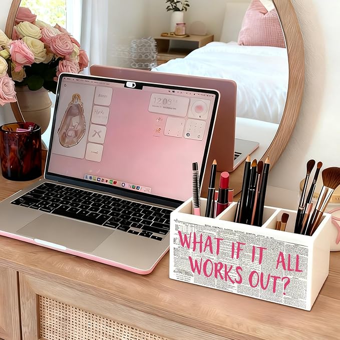 Inspirational Pen Holder, Positive Affirmation Gifts for Women Pencil Holder for Desk, What If It All Works Out Motivational Wooden Box Sign Decorations for Girly Room Dorm Desk Tabletop