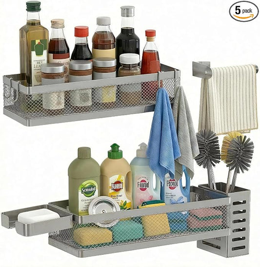 PUSDON 5-in-1 Wide Wall Mount Wrapped Mesh Kitchen Organizer & Shower Caddy Kit, with Paper Towel Holder, Utensil Holder, Soap Dish, Heavy Duty 50LBS - Silver Gray, Netting