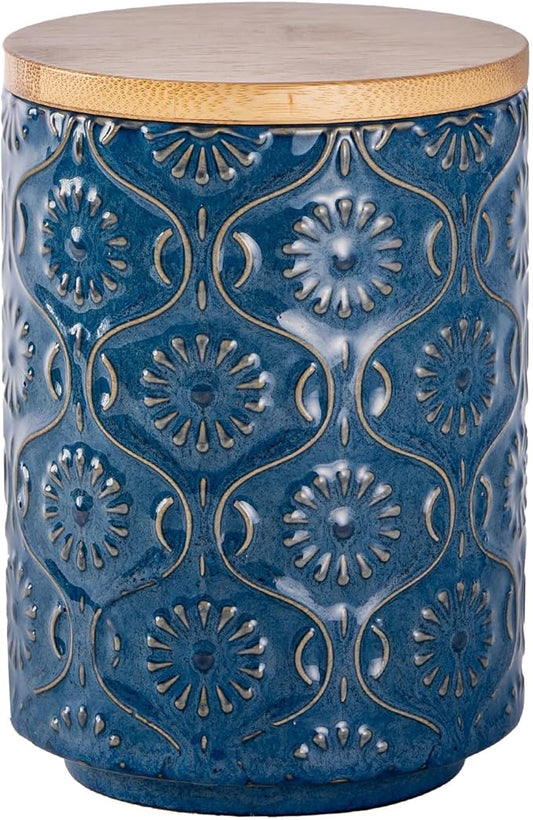 TEATALK Embossed Ceramic Canister, Stylish Airtight Storage for Kitchen, Coffee, Tea, Sugar, 23 Fl Oz, Darkblue