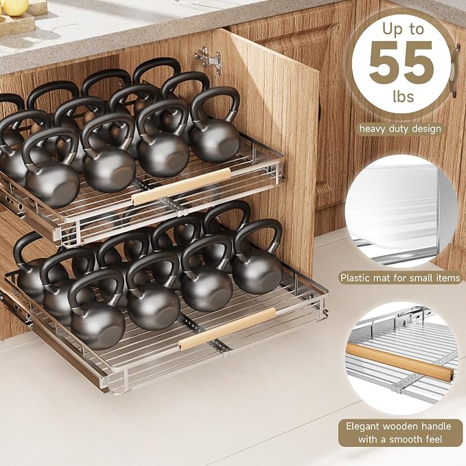 2 Pack Expandable Pull Out Cabinet Organizer，Side Mounting 17.1~28"x22.5"Cabinet Pull Out Shelves, Expandable Slide Out Spice Rack for Kitchen Bathroom Office