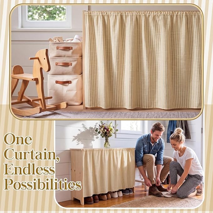VitalCozy Cabinet Curtain 28" W x 35" L Sink Skirt for Bathroom Kitchen Brown Stripes Spring Short Curtain for Home Classroom Farmhouse Rustic Drape Under Desk Privacy Drape for Laundry Room