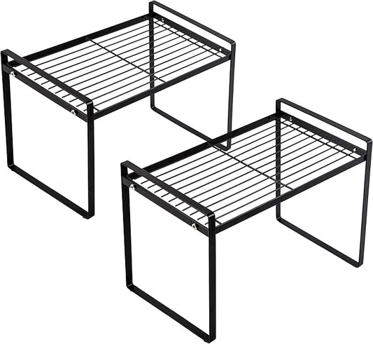 Shantton 2pk Kitchen Cabinet Shelf Counter Organizer Rack Pantry Storage Bathroom Bedroom Office Table Desk Space Saving Steel Frame Stackable Rust Resistant Non Slip Black-Tall-L13in W8.3in H9.5in