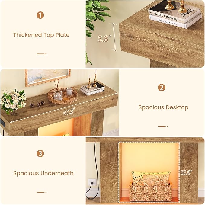 47.2" Entryway Table, Console Table with Charging Station and Adjustable LED light, Farmhouse Wood Sofa Table, Behind the Couch Table, Narrow Console Table, Entry Table for Hallway, Living Room