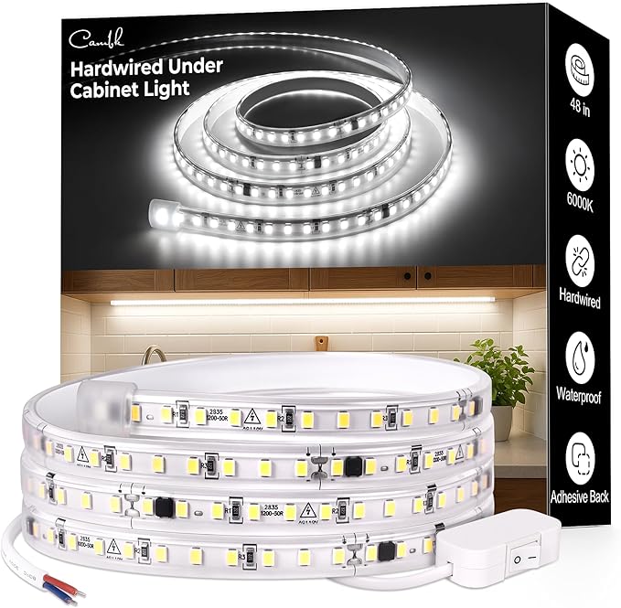 cambk 48inch Hardwired Under Cabinet Lighting for Kitchen,120V Wired Undercounter Led Strip Lights 6000K White Waterproof, Luces para Cocina Bajo Gabinete Under Shelf Lights for Sink/Workbench