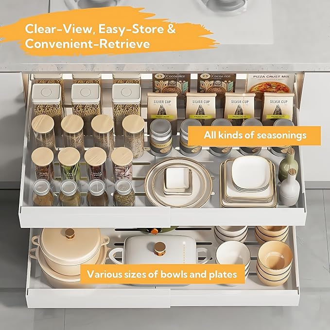 Pull Out Cabinet Organizer 16.54 inch Deep,Expandable Pull out Drawers for Cabinets Adhesive with Film, No Drill Slide Out Drawers for Kitchen Cabinets (Large-White)