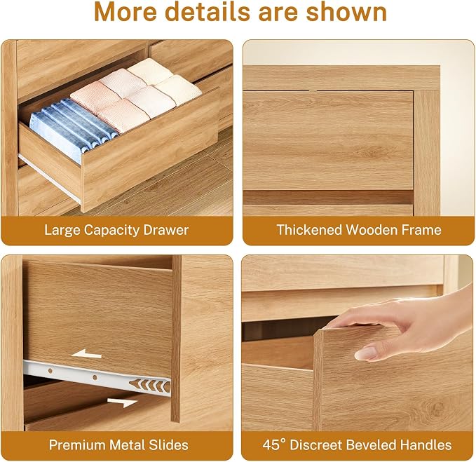 TEENFON 63" Dresser for Bedroom with 9 Drawers, Modern Dressers & Chests of Drawers with Metal Handles, Wooden Dresser TV Stand, Bedroom Dressers, for Bedroom, Hallway, Natural