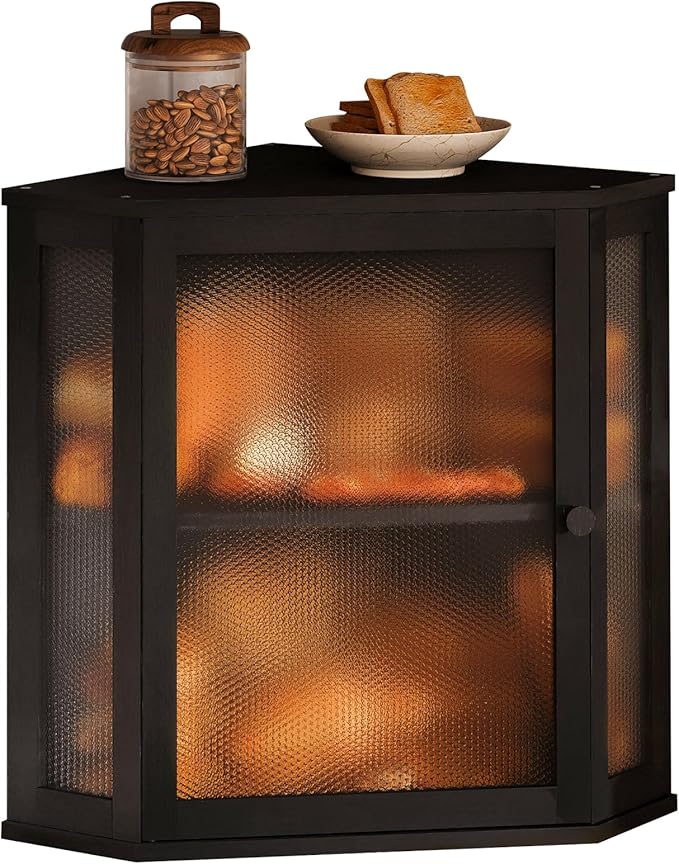Corner Bread Box for Kitchen Countertop,Bread Storage for Homemade Bread, Double Layer Large Bamboo Kitchen Storage Bin with Window (Black, Large)