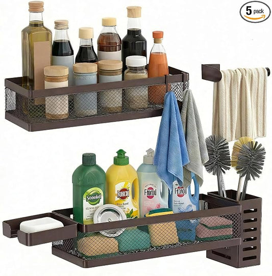 PUSDON 5-in-1 Wide Wall Mount Wrapped Mesh Kitchen Organizer & Shower Caddy Kit, with Paper Towel Holder, Utensil Holder, Soap Dish, Heavy Duty 50LBS - Vintage Bronze, Netting
