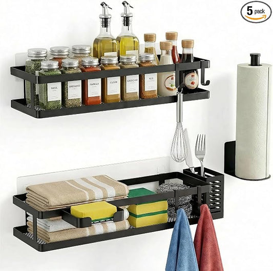 PUSDON 5-in-1 16.5" Extra Long Kitchen Organizer & Shower Caddy Set, Wall Mount Spice Rack with Paper Towel Holder, Utensil Holder & Soap Dish, Rustproof Mesh - Matte Black, Guardrail