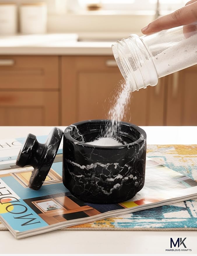 MARBLOUS KRAFTS Marble Salt Cellar with Lid and Spoon 3" Black Zebra Flaky Salt, Seasoning Containers, Ideal small Spices, Sugar Jars, kitchen accessories, Gift for Mom