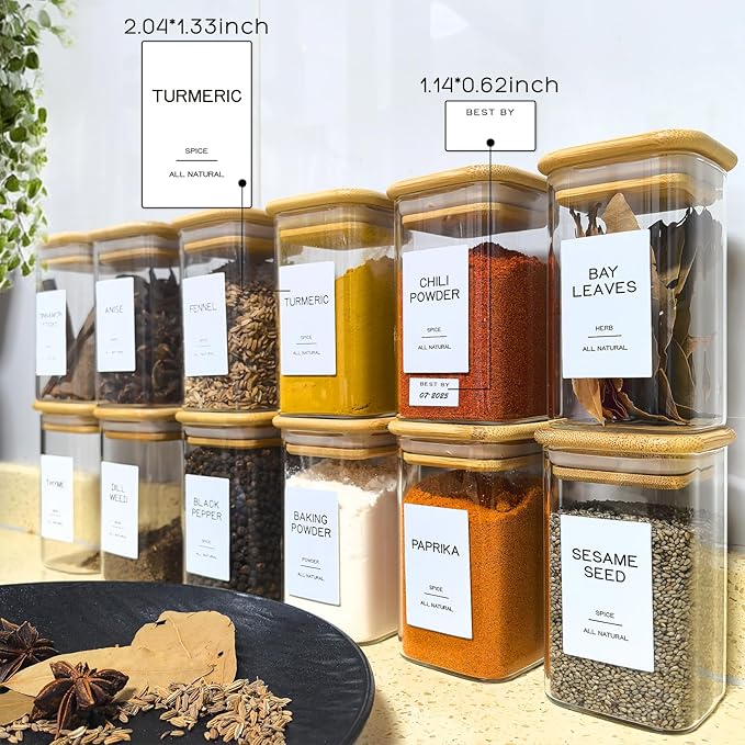 12 Pcs Glass Spice Jars with Bamboo Airtight Lids & 201 Labels - 8oz Square Small Empty Food Storage Containers for Kitchen, Seasonings, Herbs, Salt