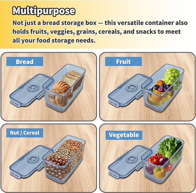 Bread Box for Kitchen Countertop, Airtight Bread Container with Lid, Time Recording Dial, and Draining Board, Bread Storage for Homemade Bread, Toast, Cookies (2 Grey)