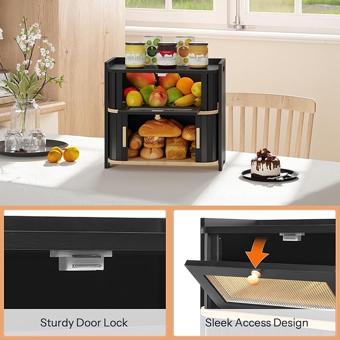 HOOBRO Bread Box, Bamboo Bread Box for Kitchen Countertop, 2 Tier Roll-Top Bread Bin, Food Storage Box, Bread Storage Container, for Kitchen, Dining Room, Black and Natural BK16MB01