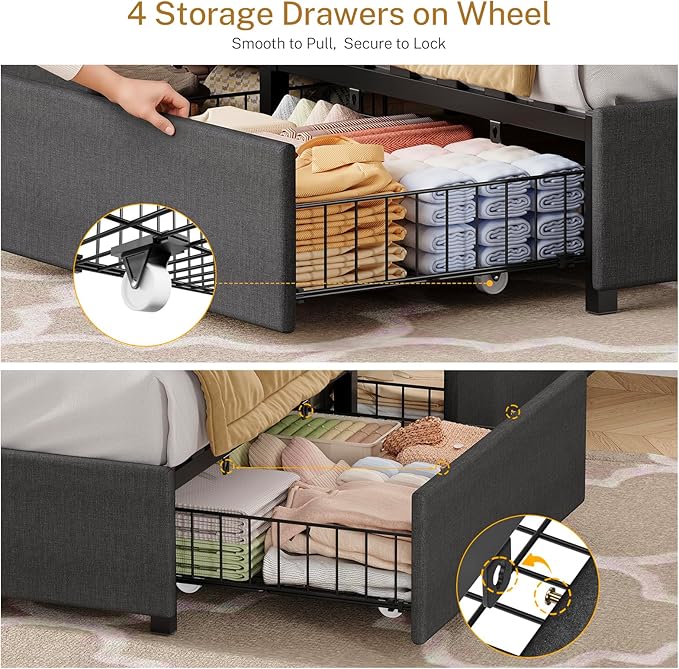 TEENFON Queen Bed Frame with Headboard and 4 Drawers Storage, Bed Frame Queen Size Built in LED Lights and Charging Station, Sturdy & Noise-Free Upholstered Platform Metal Support Bed, Dark Grey