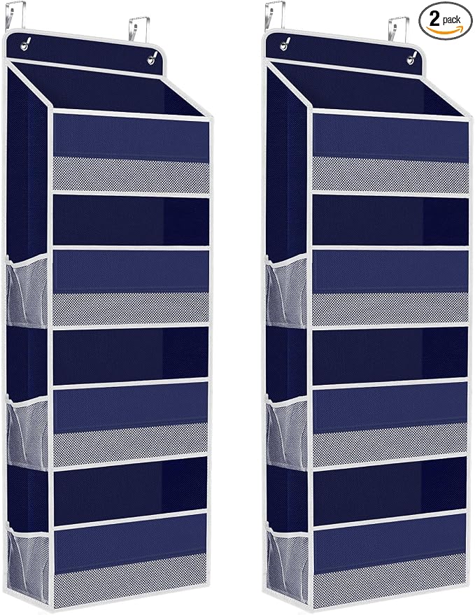 SpaceHacks 2 Pack Over The Door Organizer, Hanging Storage Organizer with Clear Window, 40lb Ultra Sturdy Large Capacity Room Organizer for Pantry Laundry Bathroom Nursery Closet (Blue)