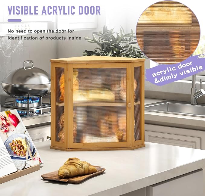 Corner Bread box for Kitchen Countertop,Farmhouse Bread Box with Acrylic Wavy Door Panel,Large Bread box for kitchen countertop,Food Storage Container (Natural, Extra Large)