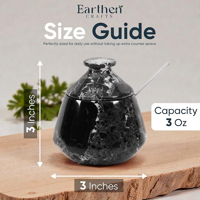 Marble Salt Cellar with Lid & Spoon, Black, 3" Salt Box Natural Stone Salt Holder For Countertop Salt Dish Spice Jar Seasoning Storage Containers for Kitchen Table Decor