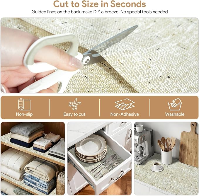 12'' X 360'' Beige Shelf Liner Drawer Liner for Kitchen Cabinet Non Adhesive, Strong Grip Anti Slip Cabinet Liners for Shelves, Oil-Proof Waterproof Cupboard Liner