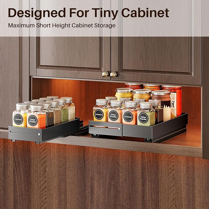 SNTD Pull Out Spice Rack for Upper Cabinet - Expandable Organizer with Smooth Ball Bearing Slides, No Drill Mounting Spice Storage for Kitchen (2 Pack, 4.1" to 7.2" W X 10" D X 2.2" H)