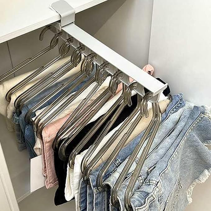 Closet Valet Rod Slide Out, 9-Holes Plastic Pull Out Pants Rack for Closet, Silent Slide Valet Rod, No-Drill Space-Saving Organizer, Gray.