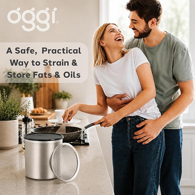 Oggi Stainless Steel Jumbo Grease Container with Removable Strainer and Snug Lid. Perfect container for fryer oil, bacon drippings, lard and ghee oil. Large capacity can - 1 Gall / 4 Qt / 3.75 Lt
