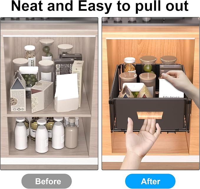 MEKOTRICIN Pull Out Cabinet Organizer, Slide Out Drawer Organizers Storage Fixed with Adhesive,Sliding Pantry Shelves with Handle for Kitchen Cupboard Bathroom Home, 11.8x6.7in, Black