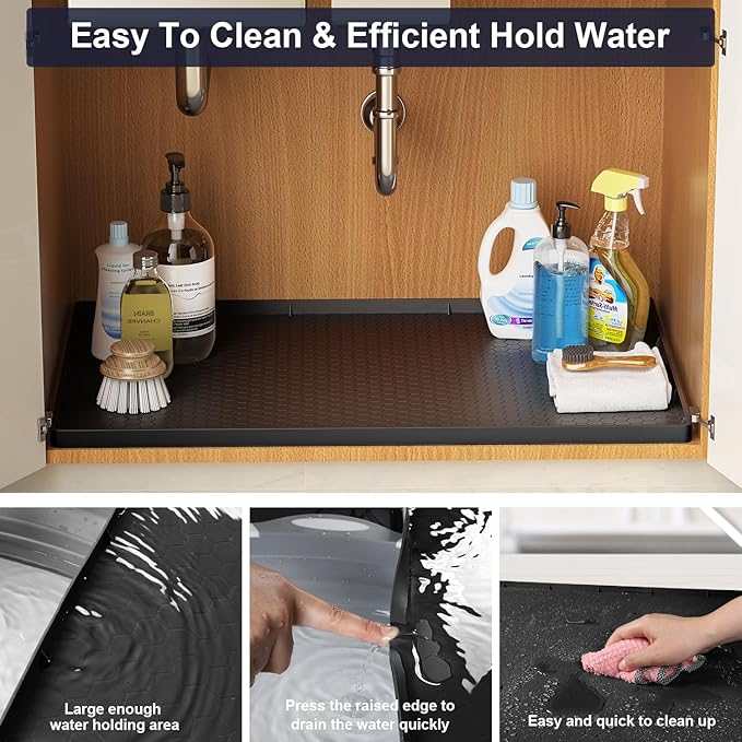 Under Sink Mat - 28" x 22" Waterproof Kitchen Cabinet Tray - Flexible Silicone Under Sink Liner - Kitchen Bathroom Cabinet Mat and Protector for Drips Leaks Spills (Black)