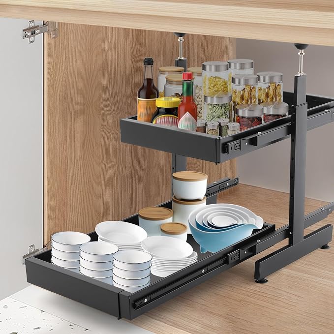 2-Tier Pull Out Cabinet Organizer, Slide Out Drawers with 2 Guide Rails, No Drill Pull Out Drawers Cabinets Shelves for Home Kitchen Pantry (Black)