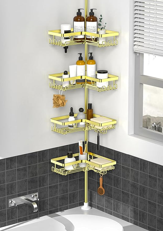 KEGII Corner Gold Shower Caddy Tension Pole - 4-Tier Rustproof Shower Rod Organizer, Floor to Ceiling Tension Rod 25-114.2 inch, Stainless Steel Corner Shower Shelf, Waterproof