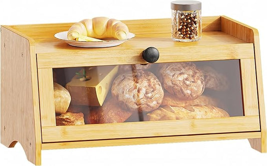 BAMBANG Bread Box for Kitchen Countertop, Bamboo Bread Box for Homemade Bread, Wooden Farmhouse Bread Storage Container, Large Breadbox Bread Bin Organizer for Counter Cabinet Pantry, Natural