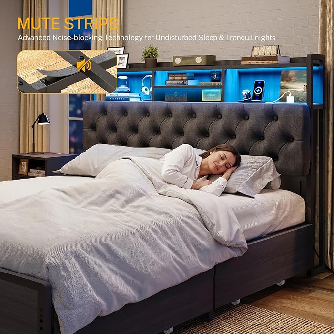 TEENFON Full Size Bed Frame with Storage 4 Drawers & LED Lights, Upholstered Headboard with Shelves and Built in Charging Station, Metal Platform Noise-Free/No Box Spring Needed, Black