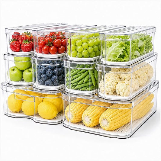SMRCAD Refrigerator Organizers and Storage, 10 Pack Lidded Fruit Storage Containers for Fridge with Drain Trays, Helps Keep Produce Fresh