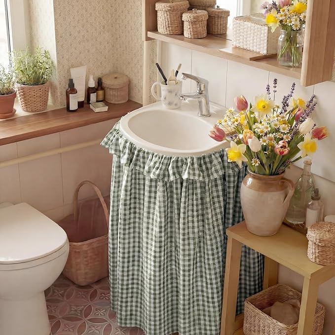 Green Ruffle Gingham Sink Skirt Self-Adhesive Bathroom Stitch Self Stick Adhesive Fabric Under Sink Curtain Skirt 55'' x 32'' for Bathroom Kitchen Laundry Utility Room Decor (32 x 55in)