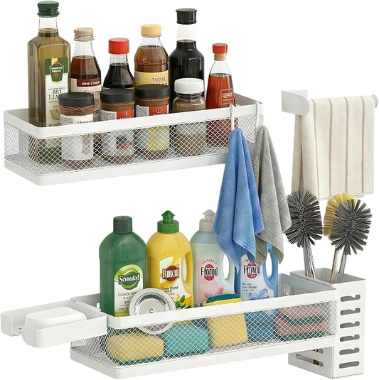 PUSDON 5-in-1 Wide Wall Mount Wrapped Mesh Kitchen Organizer & Shower Caddy Kit, with Paper Towel Holder, Utensil Holder, Soap Dish, Heavy Duty 50LBS - White, Netting