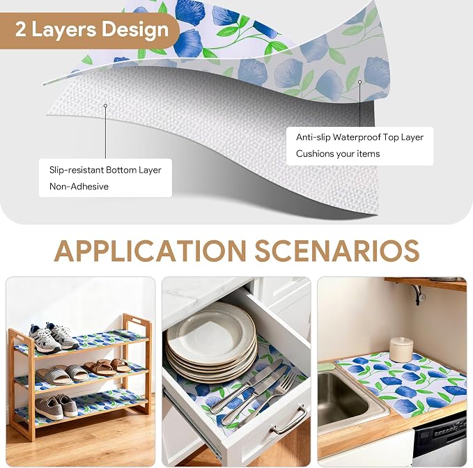 Non Adhesive Shelf Liner 17.7'' X 96'' Drawer Liner for Kitchen Cabinets, Waterproof Shelf Liners Durable Anti-Slip for Kitchen Cabinets Cupboard Liner