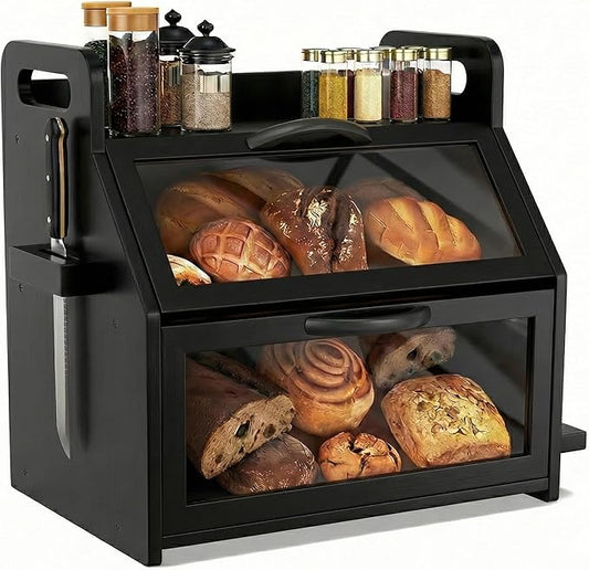 BAMBANG Extra Large Bread Box, Double Layer Bread Box for Homemade Bread, Bamboo Wooden Bread Storage Container with Tool Holder & Handles & Window, Assembly Required(14.9" x 11" x 15.3") Black