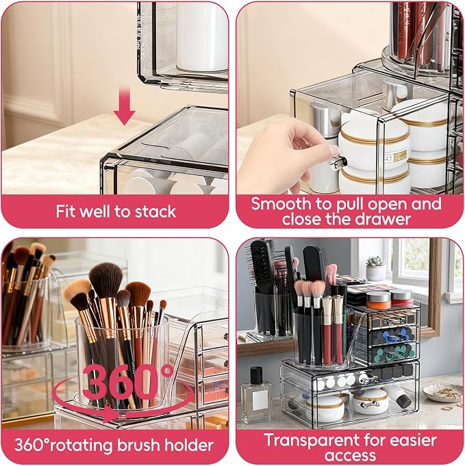 ShineMe Acrylic Makeup Organizers, 2 Tier Stackable Cosmetic Organizer for Vanity with 360° Rotating Makeup Brush Holder & 5 Drawers, Clear Hair Accessory Organizer Countertop for Dresser, Bathroom