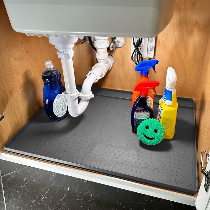 XTREME MATS Trimmable Rubber Under Sink Cabinet Mat – Ultimate Waterproof Protection for Kitchen or Bathroom Cabinets with Patented Overflow Channels (Grey)
