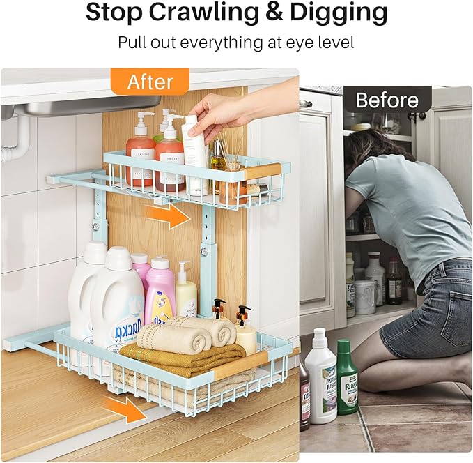 PXRACK Under Sink Organizer, Adjustable Height, 2 Tier Pull Out Under Cabinet Organizer, Slide Out Thickened Metal Under Sink Storage for Kitchen Bathroom Laundry Pantry Cabinet, Blue, Large-2-Pack