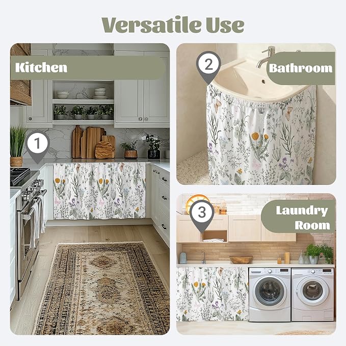 Pastoral Sink Skirt for Bathroom, Self Stick Adhesive Waterproof Fabric, Under Sink Curtain Skirt, Pedestal Sink Accessories Decor