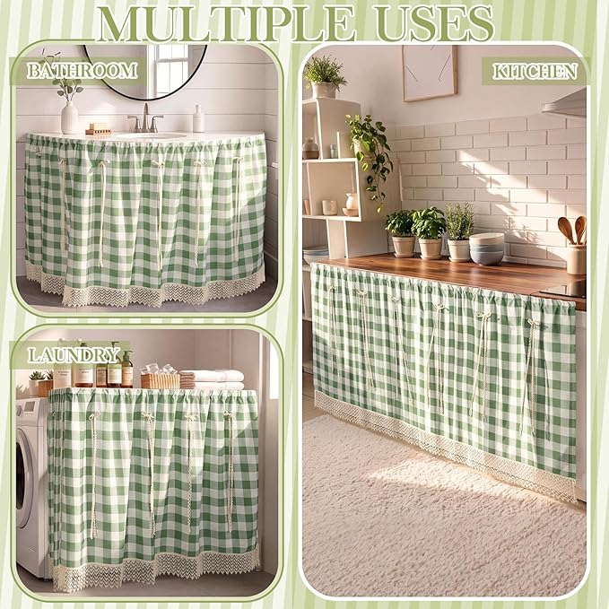 VitalCozy Cabinet Curtain 28" W x 51" L Sink Skirt for Bathroom Kitchen Green Checkered Lace Ruffles Short Curtain for Home Classroom Farmhouse Rustic Drape Under Desk Privacy Drape for Laundry Room