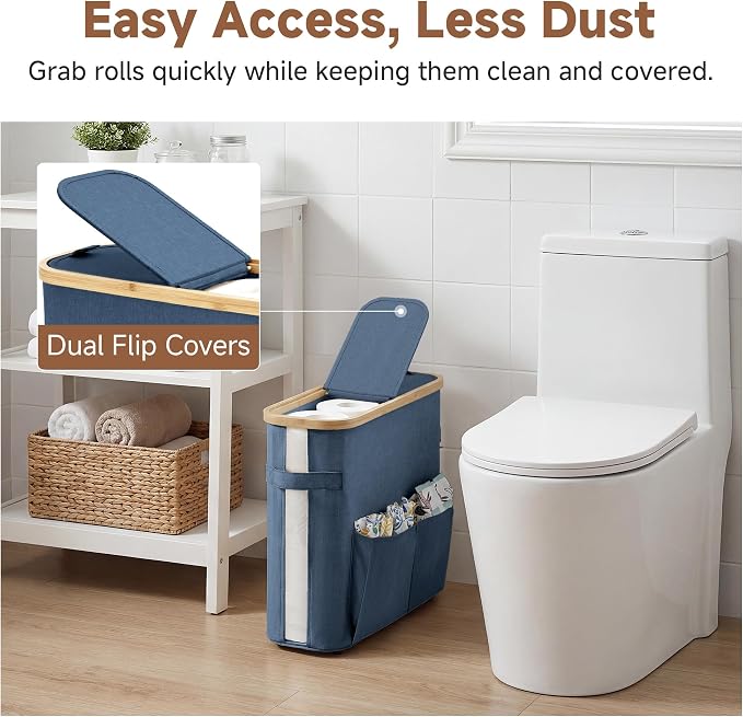 StorageWorks Toilet Paper Storage Baskets with Dual Flip Lids, Toilet Paper Organizer for Bathroom, Toilet Paper Container with Side Pocket, Holds 9 Mega or 12 Regular Rolls, Medium, Blue