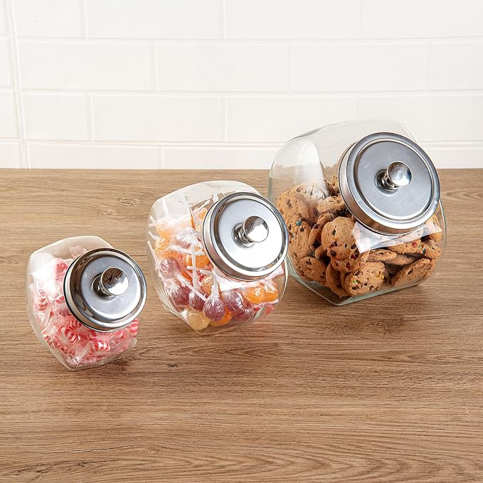 Restaurantware Candy Jar 3 Count 0.56 Gallon Glass Candy jars With Lids Airtight Storage, Wide Opening, Clear, Durable, Dishwasher-safe, For Cookies and Snacks