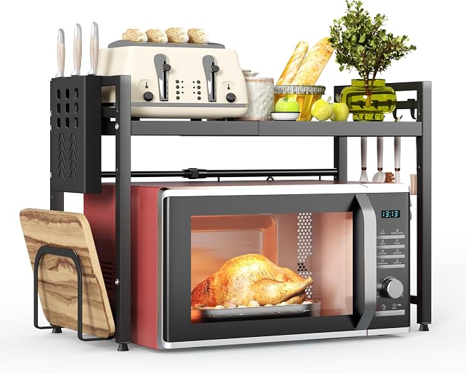NETEL Expandable Microwave Stand with Cutting Board Holder and Knife Holder,2 Tier Metal Kitchen Countertop Organizer Shelves with 8 Hooks,Bakers Rack,55lbs Weight Capacity,Black