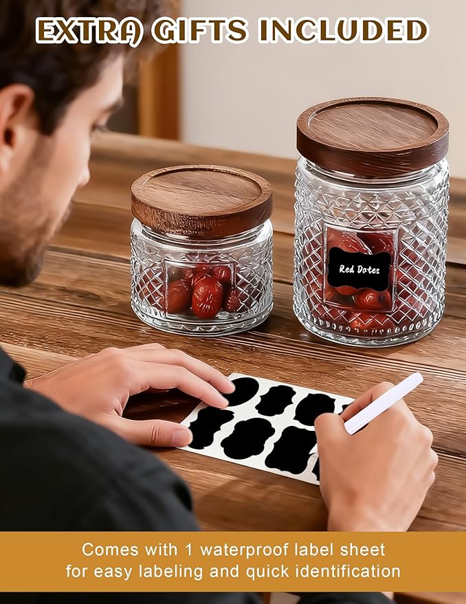 Glass Jar with Wood Lid and Label - 12 OZ Small Airtight Storage Container for Kitchen Pantry Bathroom Countertop, Decorative Vintage Canister for Candy, Treat, Sugar, Coffee, Tea, Salt, Snack, Nuts